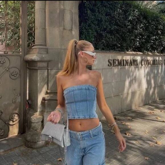 Zara Blue Denim Strapless NWOT Size Small - Picture 3 of 13